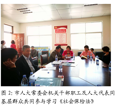 文本框:
图2:市人大常委会机关干部职工及人大代表同基层群众共同参与学习《社会保险法》
